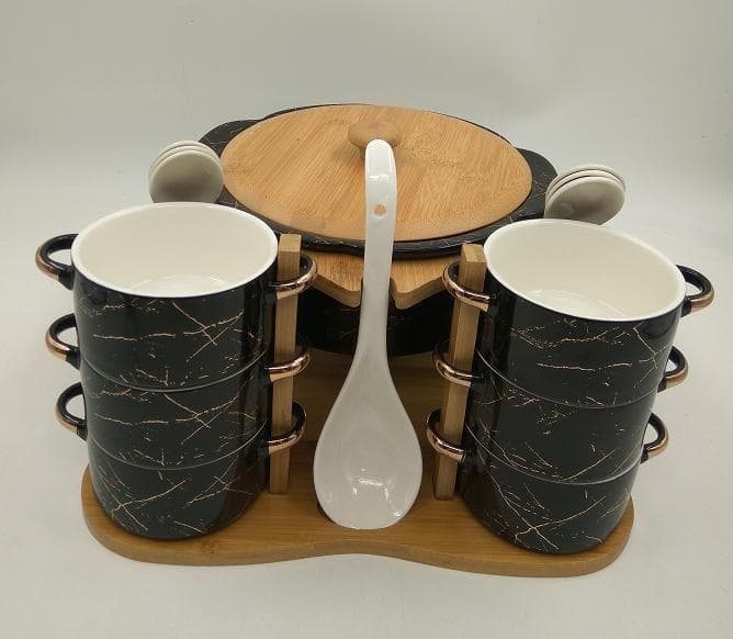 6-Piece Black Marble-Effect Ceramic Mug Set with Spoons on Bamboo Stand