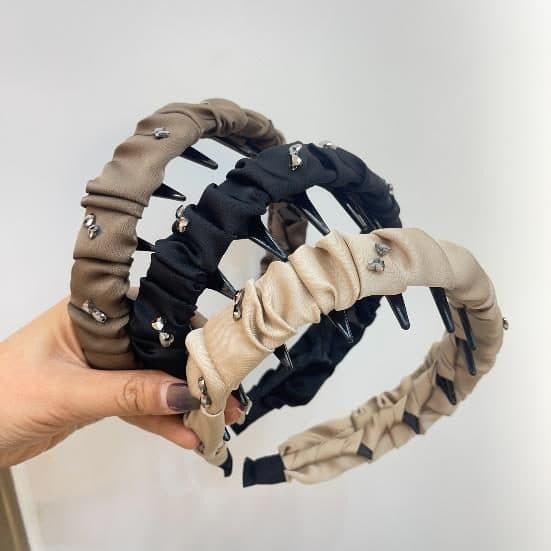 Pleated Headband with Crystals and Teeth, Brown and Cream