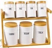 Ribbed Ceramic Coffee, Sugar and Tea Canister Set with 4 Spice Shakers on Bamboo Rack