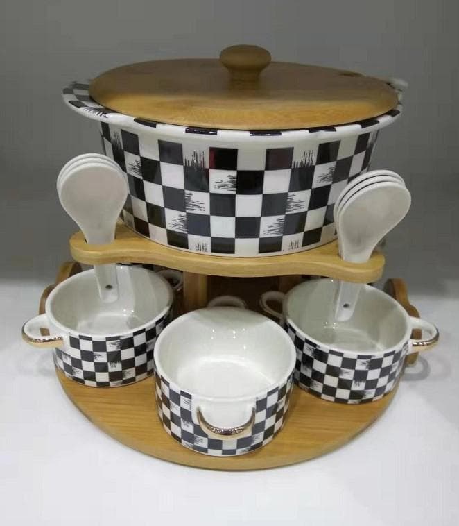 Chequerboard Ceramic Soup Tureen Set with Bowls and Spoons on Rotating Bamboo Base