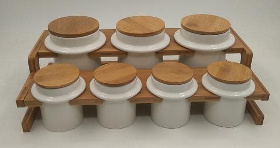 6-Piece Ceramic Canister Set with Bamboo Lids on Two-Tier Rack