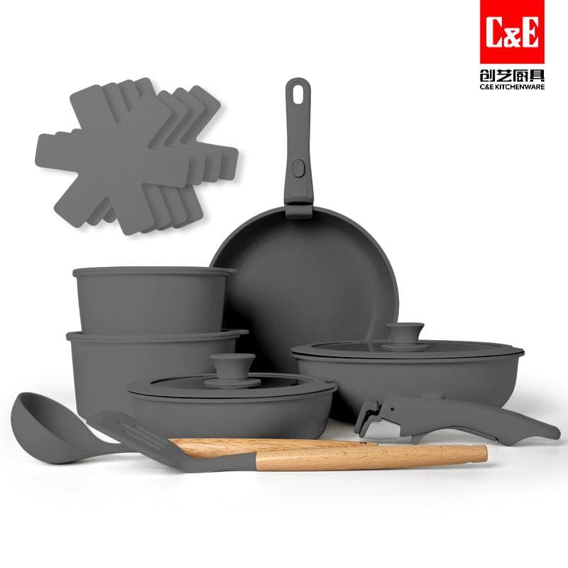 17pc Aluminium Cookware Set with Detachable Handles 2