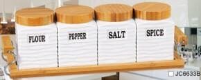 4-Piece Ribbed Square Ceramic Spice Jar Set with Bamboo Lids on Bamboo Tray