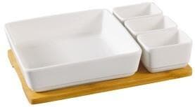 4-Piece Ceramic Bakeware and Dip Bowl Set on Bamboo Tray