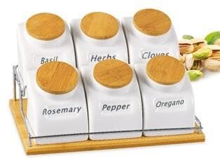 6-Piece Labelled Ceramic Herb Jar Set on Bamboo Tray