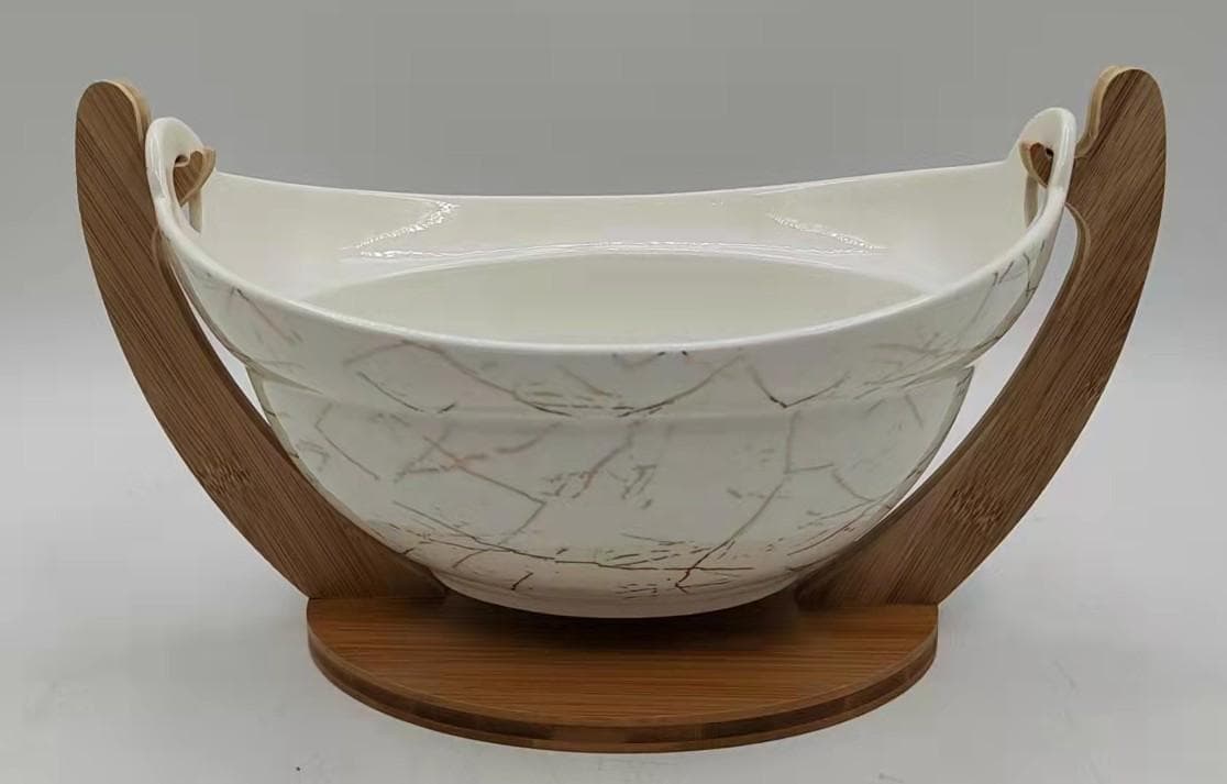 Marble-Effect Ceramic Fruit Bowl on Curved Bamboo Cradle, Large