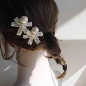 Lace Bow Hair Clip with Pearl, Cream