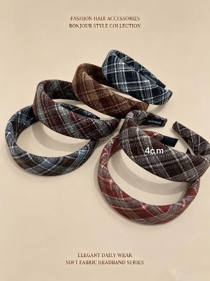 Check Print Wide Headband, Brown and Navy
