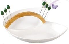 Oval Ceramic Serving Dish on Bamboo Tray with Cocktail Picks, Small