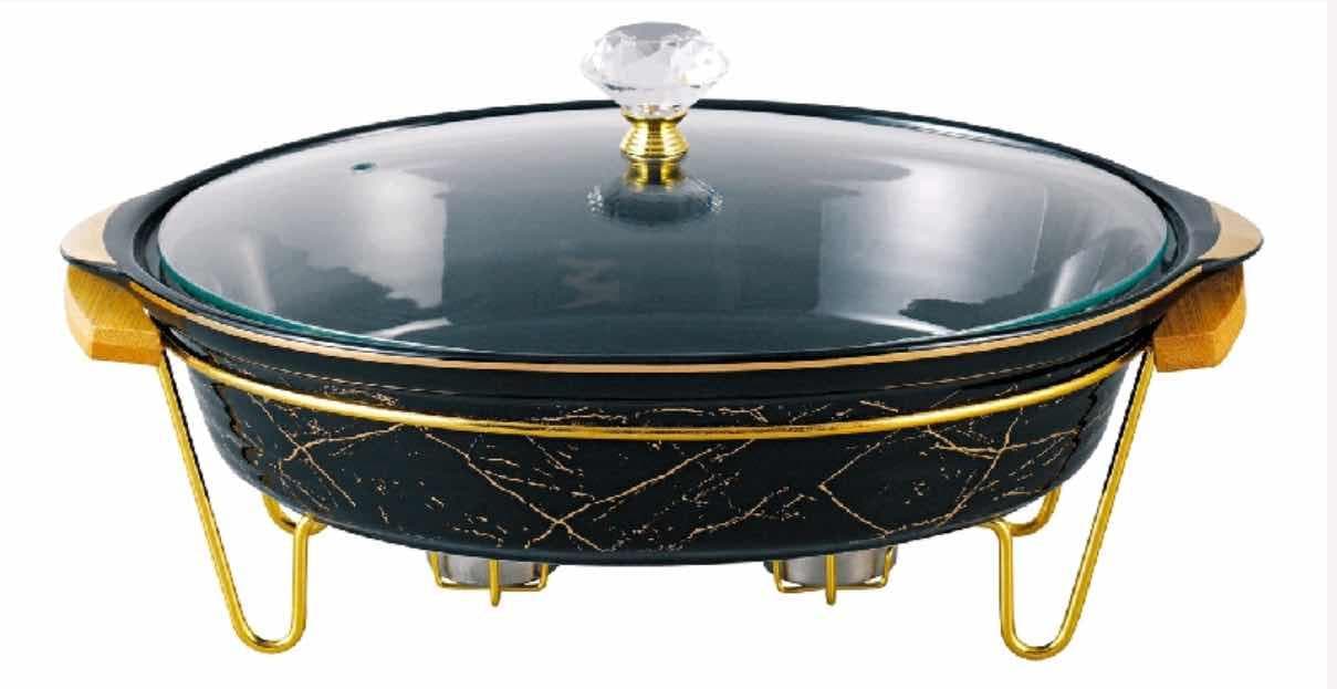 Black Marble-Effect Oval Ceramic Chafing Dish with Glass Lid and Gold Stand, Medium