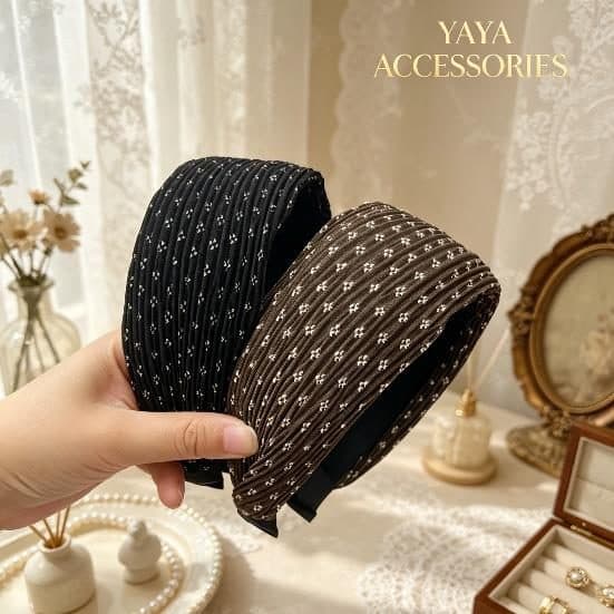 Pleated Headband, Black Dot and Brown Floral