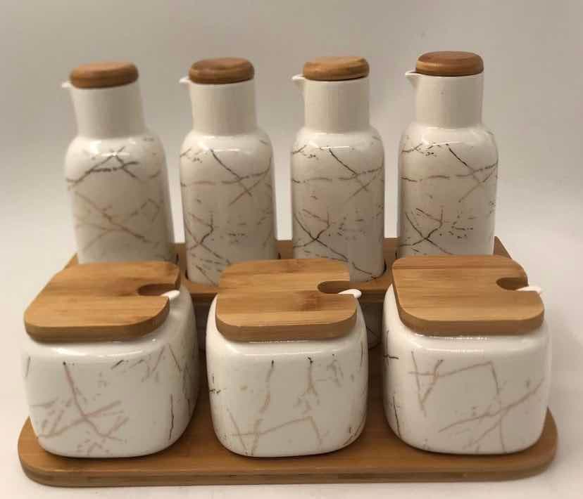 Marble-Effect Ceramic Oil, Vinegar and Condiment Jar Set on Bamboo Tray