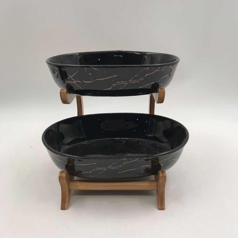 Tiered Black Marble-Effect Ceramic Serving Bowl Stand, Oval