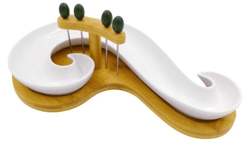 Curved Ceramic Snack Dish on Bamboo Base with Picks, Medium