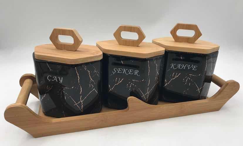 3-Piece Black Marble-Effect Ceramic Canister Set with Turkish Labels on Bamboo Tray