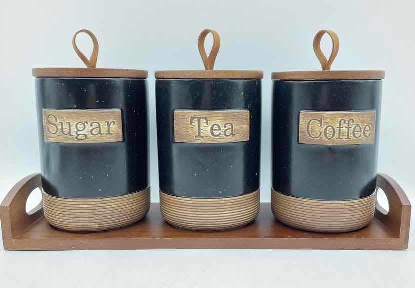 3-Piece Rustic Ceramic Sugar, Tea and Coffee Canister Set with Wooden Lids, Black