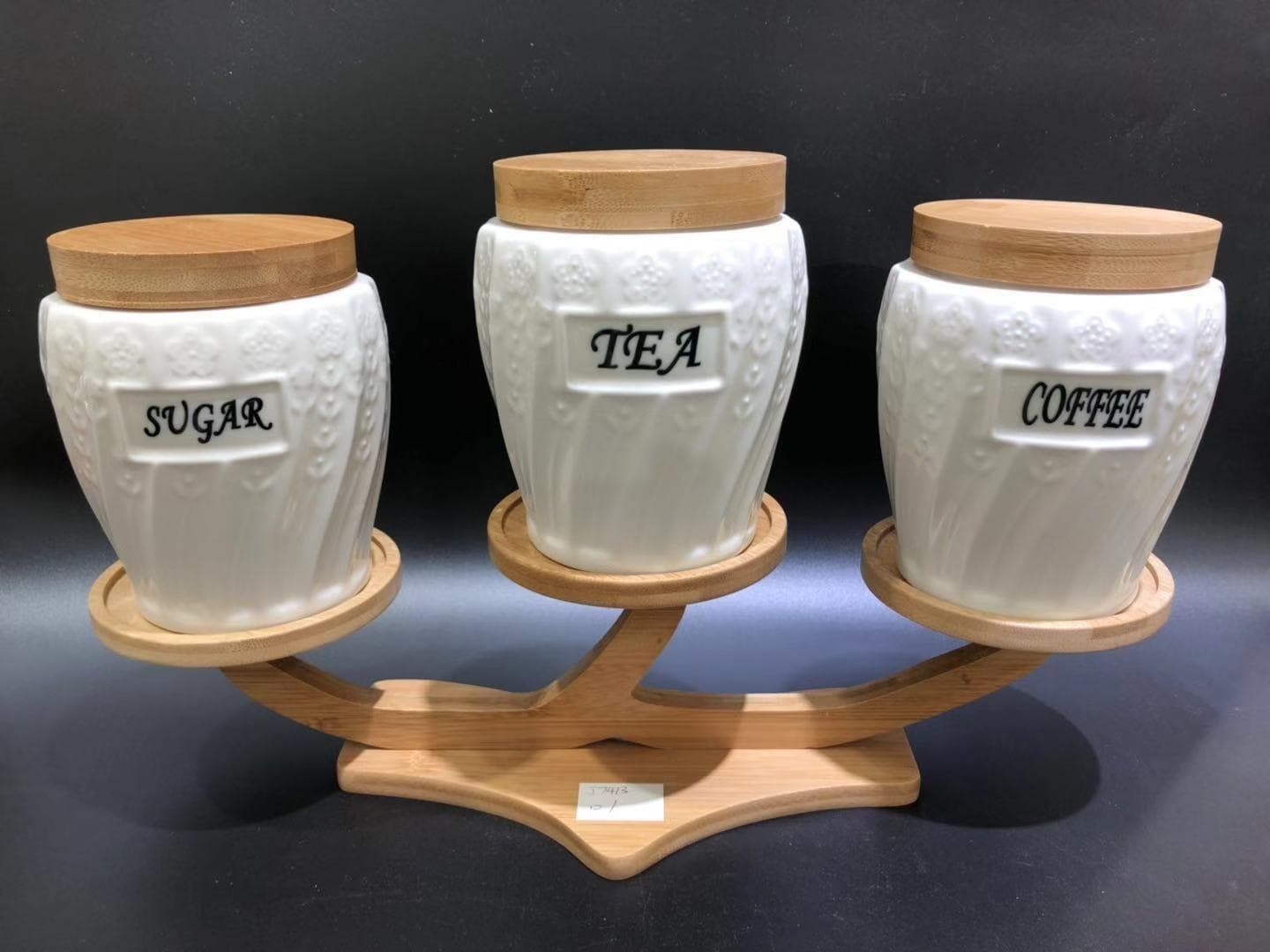 3-Piece Embossed Labelled Ceramic Canister Set on Curved Bamboo Stand