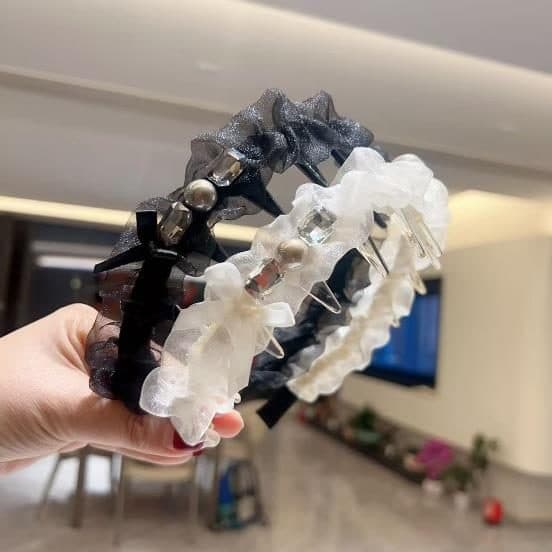Organza Ruffle Headband with Pearls, Black and Cream