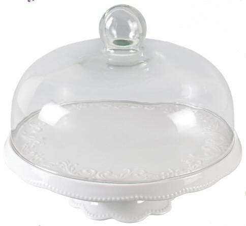 Embossed Ceramic Footed Cake Stand with Glass Dome, Small