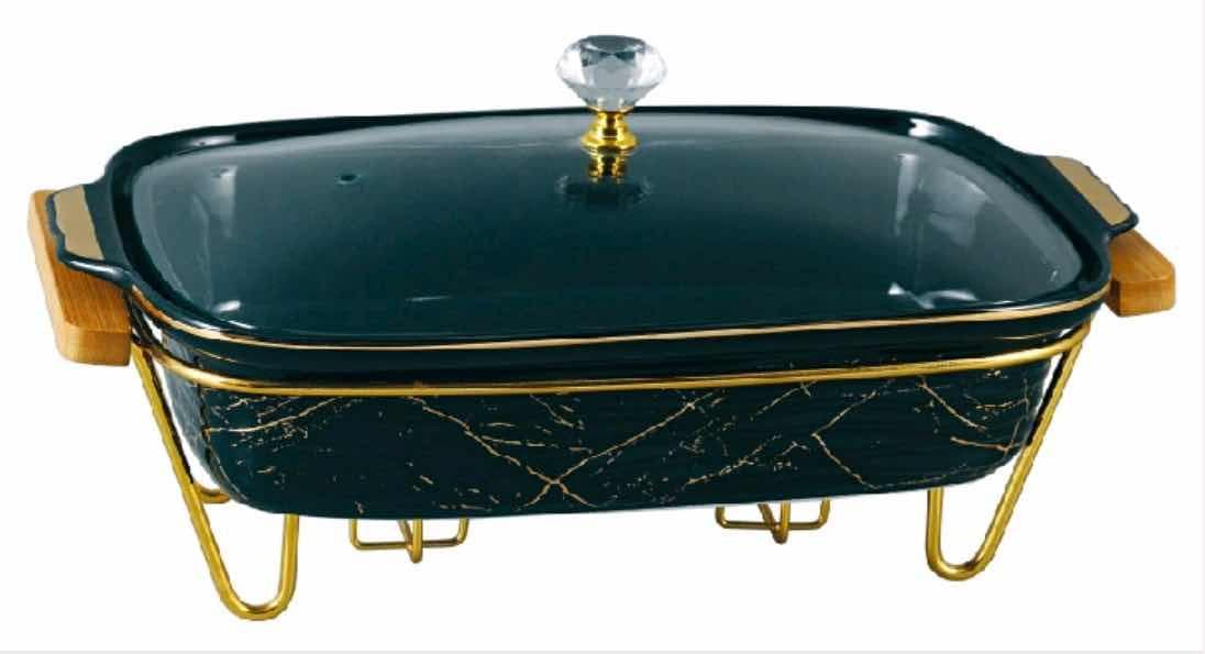 Black Marble-Effect Rectangular Ceramic Chafing Dish with Glass Lid, 15.5 inch