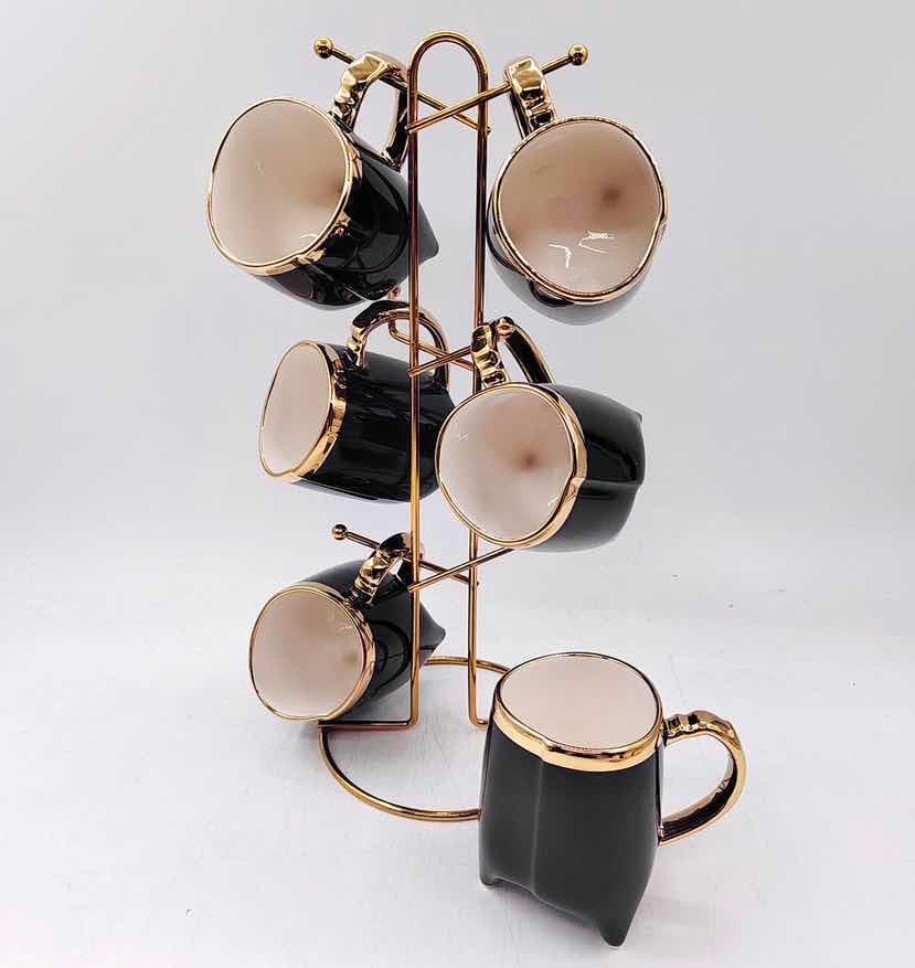 6-Piece Gold-Rimmed Tapered Ceramic Mug Set on Gold Metal Mug Tree, Black