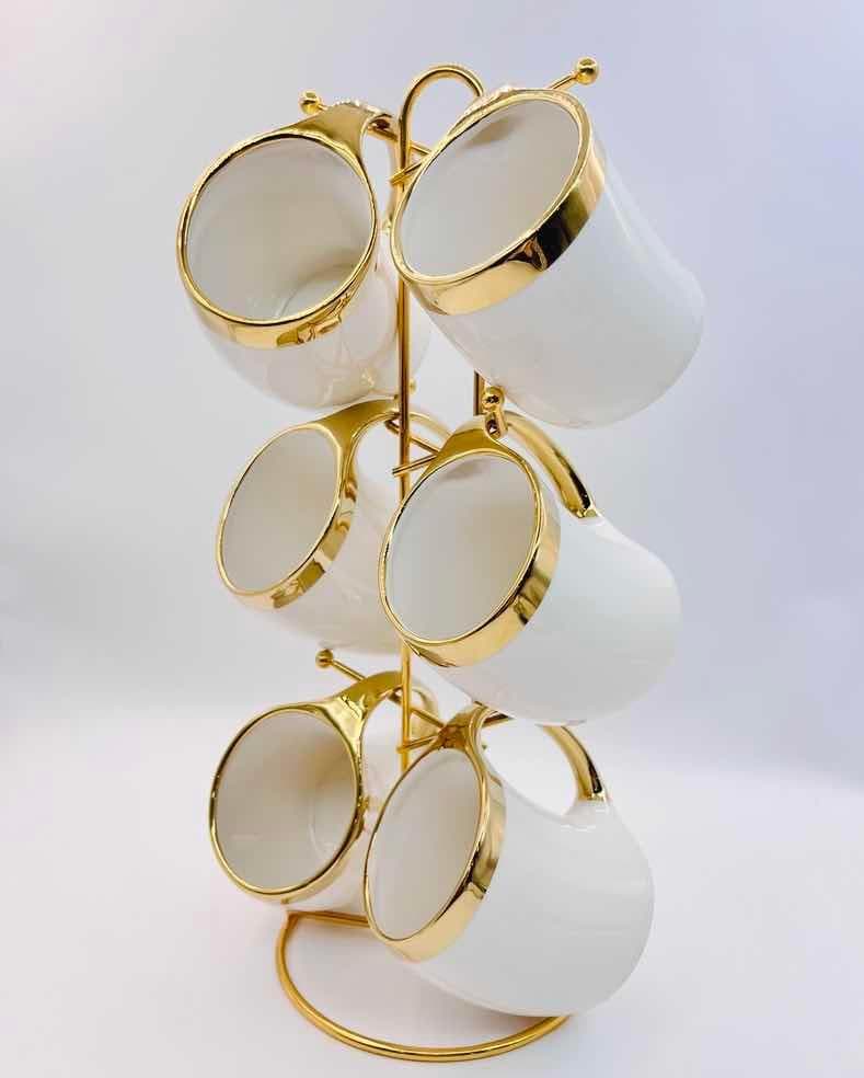 6-Piece Gold-Rimmed Straight Ceramic Mug Set on Gold Metal Mug Tree, White