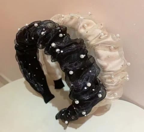 Organza Pearl Headband, Black and Cream