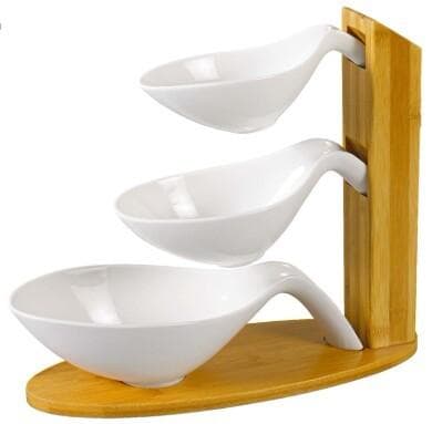 3-Piece Spoon-Shaped Ceramic Serving Dish Set on Stepped Bamboo Stand