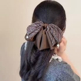 Brown Floral Bow Claw Clip with Pearl Drop