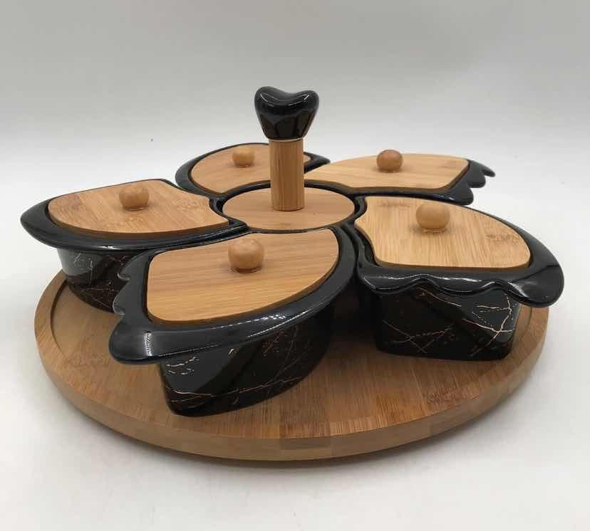 5-Piece Black Marble-Effect Lidded Ceramic Dish Set on Rotating Bamboo Base with Ceramic Handle