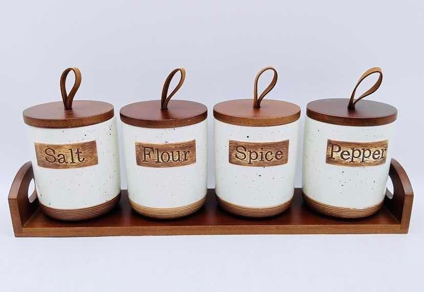 4-Piece Rustic Ceramic Spice Jar Set with Wooden Lids on Bamboo Tray, White
