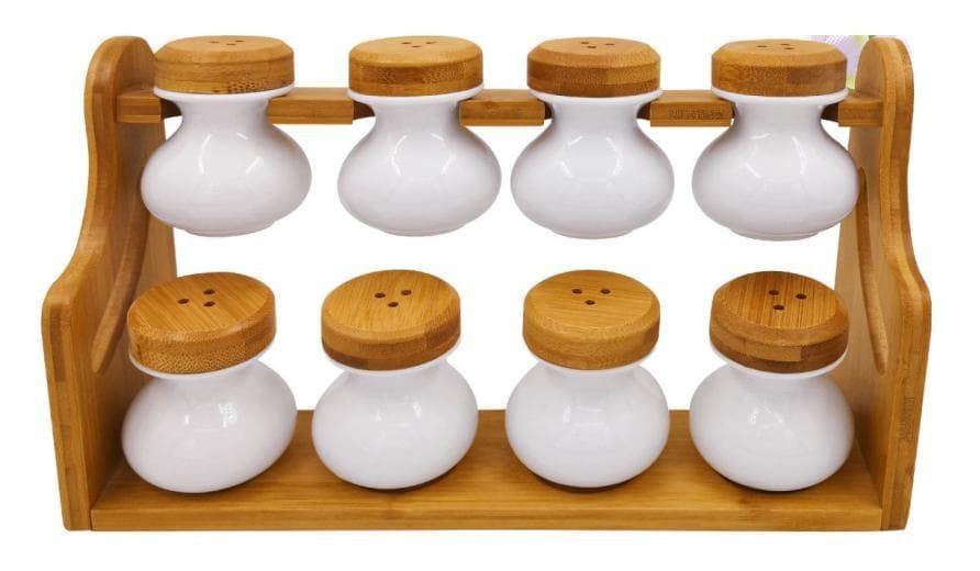 8-Piece Ceramic Spice Shaker Set on Two-Tier Bamboo Rack