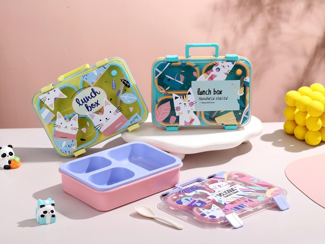 PP Plastic 3-Compartment Lunch Box, 25.3 x 7.4 x 19.4 cm