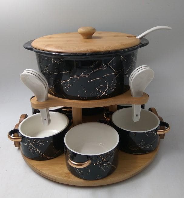 Black Marble-Effect Ceramic Soup Tureen Set with Bowls and Spoons on Rotating Bamboo Base