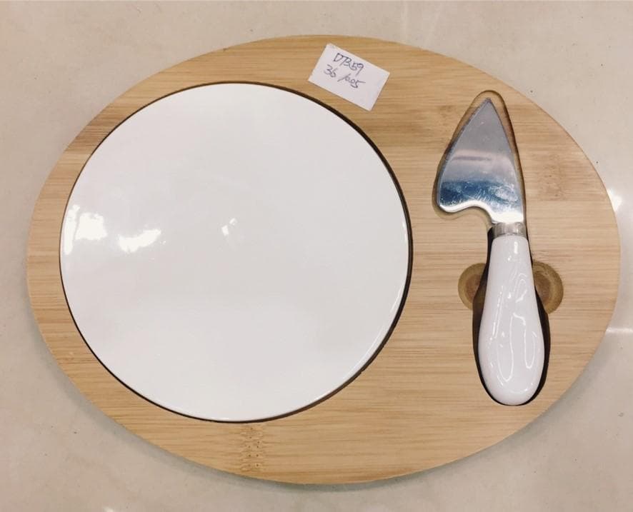Round Bamboo Cheese Board with Ceramic Plate and Knife