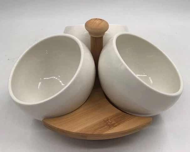 3-Piece Ceramic Serving Bowl Set on Rotating Bamboo Base