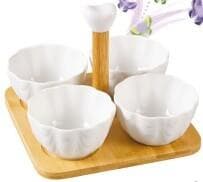 4-Piece Flower Ceramic Dip Bowl Set on Bamboo Tray