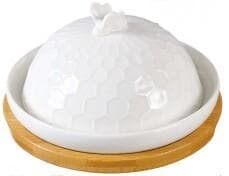 Honeycomb Ceramic Cheese Dome with Bee Knob on Round Bamboo Board, Large