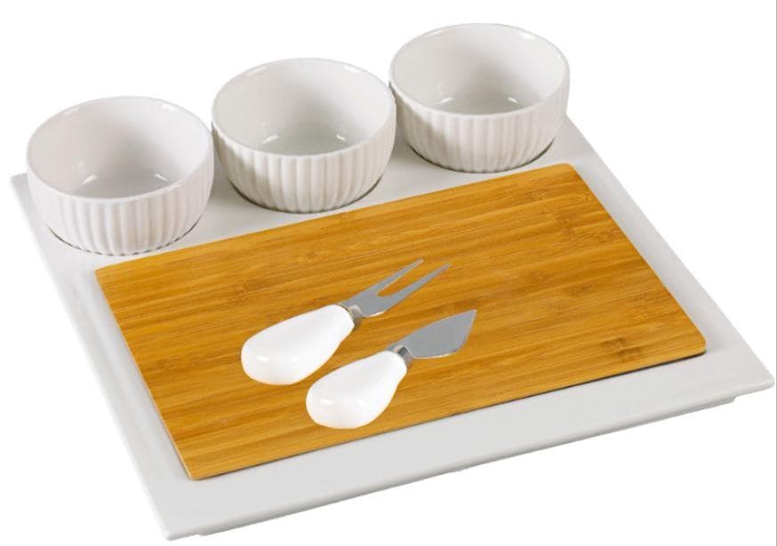 Bamboo Cheese Board with Ceramic Tray, Three Bowls and Two Knives