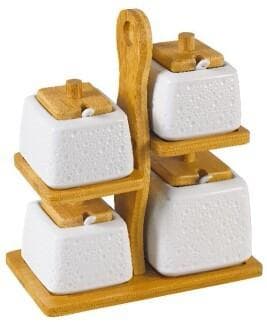 4-Piece Square Textured Ceramic Spice Jar Set with Spoons on Two-Tier Stand