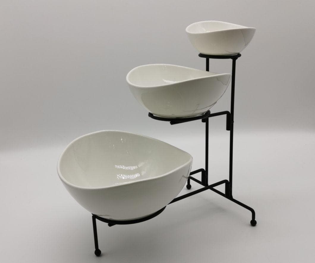 3-Piece Ceramic Serving Bowl Set on Black Metal Stand