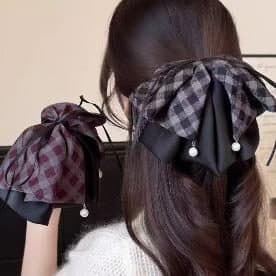Burgundy and Grey Check Bow Claw Clip