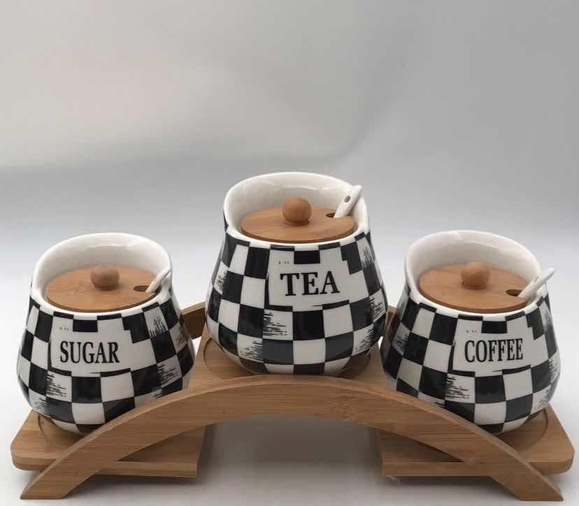 3-Piece Chequerboard Ceramic Condiment Jar Set with Spoons on Arched Bamboo Stand