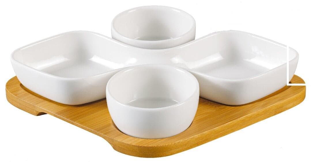 4-Piece Ceramic Dip Bowl Set on Bamboo Tray