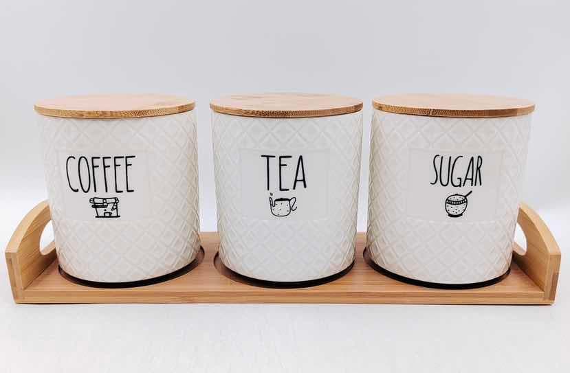 3-Piece Waffle-Texture Ceramic Coffee, Tea and Sugar Canister Set on Bamboo Tray