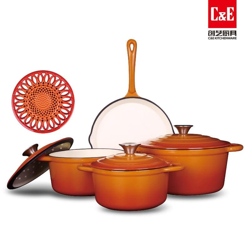 8pc Enamel Cast Iron Cookware Set, 20/22/24cm Casseroles and 25cm Frying Pan 5