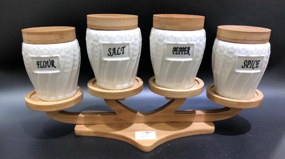 4-Piece Embossed Labelled Ceramic Spice Jar Set on Curved Bamboo Stand