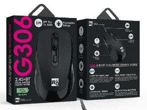 R8 G306 6D Wireless 2.4G & BT Rechargeable Gaming Mouse, 800-1200-1600-3200 DPI, 6 Buttons 3