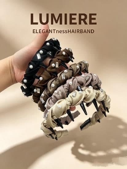 Knotted Pearl Headband with Teeth, Black and Cream