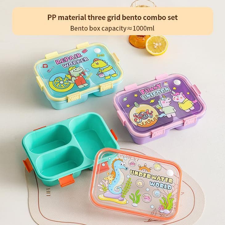 PP Plastic 2-Compartment Lunch Box, 19.7 x 14.5 x 6.5 cm, with Spoon and Fork